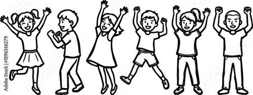 Whimsical kids doodle style line art close up row of six happy children jumping and cheering facing camera with raised arms simple black outline playful mood