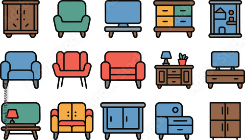 Collection of colorful line art icons depicting various pieces of living room and home furniture for interior design concepts.