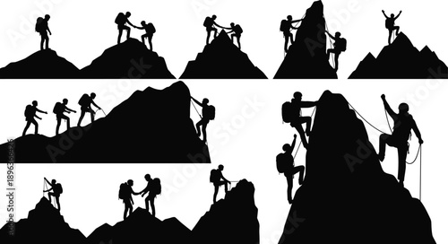 Black silhouettes of mountain climbers ascending peaks, helping teammates, and using ropes for rock climbing on a white background