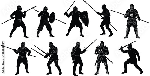 Medieval armored warrior silhouettes fighting with swords, spears, and shields in dynamic combat poses isolated on white background for history and fantasy design concepts