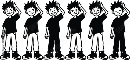 Line art cartoon six boys standing scratching head repeated character row front view black and white vector design playful puzzled expressions casual t shirts sneakers identical