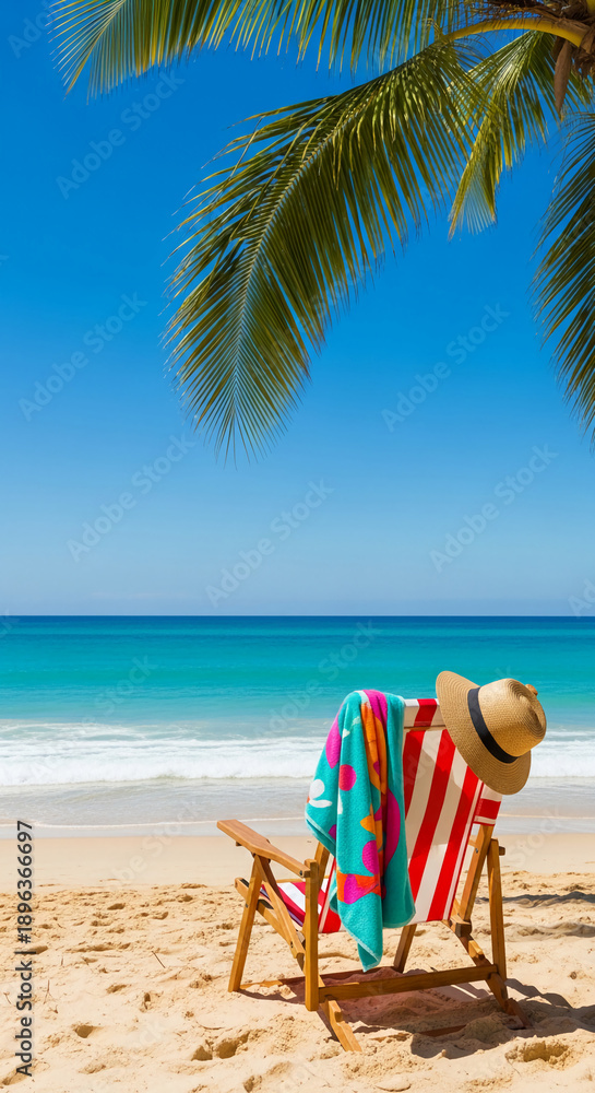 Obraz premium A beach chair with striped canvas and towel under palm, under blue sky and turquoise sea, represents summer vacation, relaxation, and coastal leisure