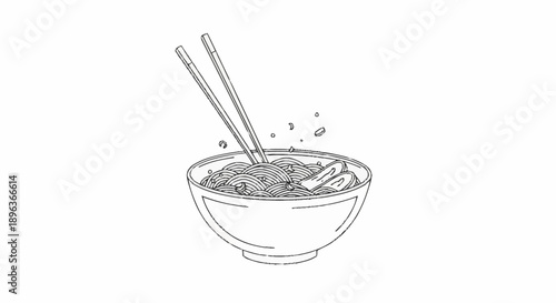 Hand drawn illustration of a bowl of noodles with chopsticks.