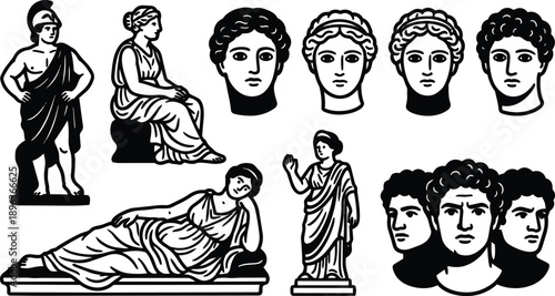 Line art classical statue set with multiple marble heads reclining figure and standing toga figures low angle detailed silhouettes black and white vector sheet antique style