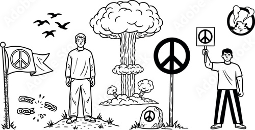 Black and white line art showing man standing by broken chains nuclear explosion and peace signs with activist holding peace sign protest placard