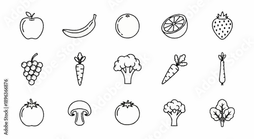 Collection of fresh fruits and vegetables icons in line art style.