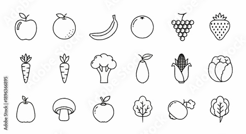 Collection of fresh fruits and vegetables icons in line art style.