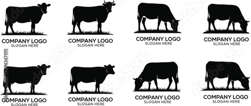 Cow logo silhouette set, black cattle icons, livestock branding, agriculture emblem, dairy farm design, company logo template, grass patch base