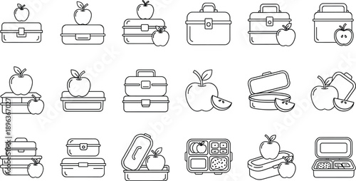 Lunchbox icon set with apples and compartments showing school meal containers outline vector illustrations isolated