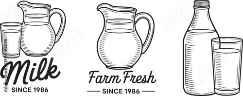 Illustrations of milk containers and glasses with text