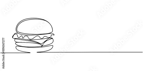 A single continuous one line drawing of a delicious burger, continuous line of burgers. line drawing of stuffed burger isolated. one line Icon drawing with white background, One continuous line