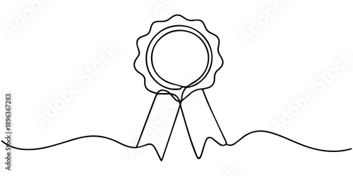 Elegant continuous one line drawing of a classic ribbon award rosette symbolizing achievement and victory vector, Continuous one line drawing of an award ribbon. Vector illustration of a winner badge