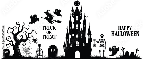 Halloween haunted castle illustration, spooky skeletons, flying witch, ghosts, tombstones, jack-o'-lantern, trick or treat, spider web, eerie night scene