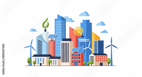 Illustrating a cityscape with colorful buildings, wind turbines, trees, clouds, and a glowing lightbulb, showcasing urban energy from a lively view