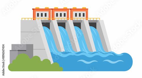 Water Flowing Over a Gray Dam with Orange Structures in a Cartoon Illustration, Green Bushes on a White Background
