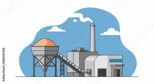 Smokestack, Conveyor, and Silo Amid Blue Sky and Cloudy Blob in a Whimsical Industrial Landscape