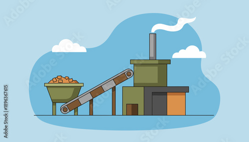 Illustrated Factory Conveyor in Action, Processing Materials with Smokestack, Green Building, and Container, Sky View
