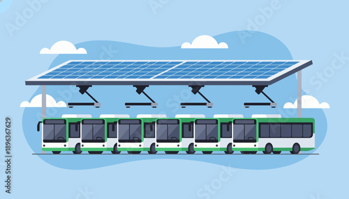Illustrated bus powered by solar panels on sunny day – transport, renewable energy graphic