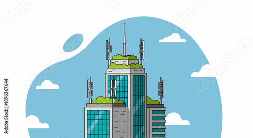 Illustration of Cityscape Highlights Modern Building with Antennas Over Light Blue Sky