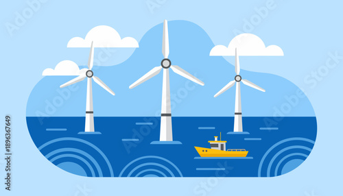 Illustrated wind turbines glide over calm ocean waters beside a small boat under a cloud-filled sky