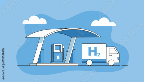 Blue hydrogen fueling station illustration shows a truck refueling under a white canopy with pumps, promoting clean energy