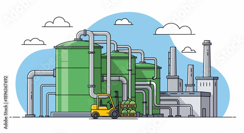 Green Building with Tanks, Pipes and Forklift, Sunny Sky, Industrial Activity from Front View