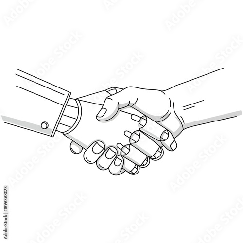 Two hands firmly shaking in a professional handshake gesture symbolizing agreement partnership and mutual respect depicted in minimalistic black and white line art style