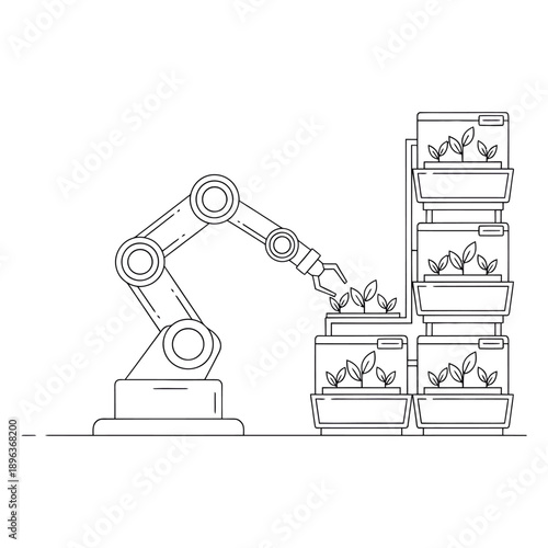 Robotic arm precisely arranges potted plants in a vertical farming system with modern technology