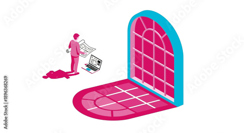 Isometric Architect Reviewing Blueprint and Laptop Plan. Architectural Design Concept with Arched Window Shadow in Pop Color Style.