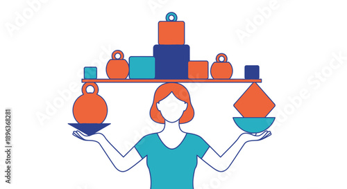 Business Woman Balancing Weights and Shapes on a Scale. Work-Life Balance, Prioritization, and Equilibrium Vector Illustration.