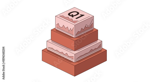 Q1 Quarterly Business Report Stack. Isometric illustration of foundational data blocks, showing financial progress, analytics, and growth goals.