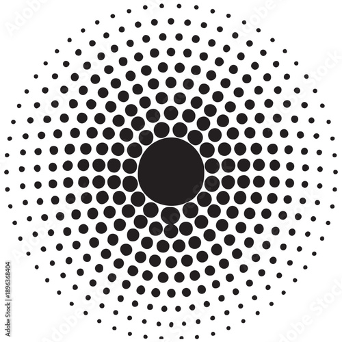 Abstract black and white radial halftone dot pattern, circular gradient vector illustration for graphic design, logo, web background, wallpaper or print cover, EPS 10 format included.