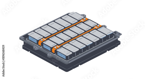 Isometric view of a battery pack with multiple rectangular cells and orange connectors.