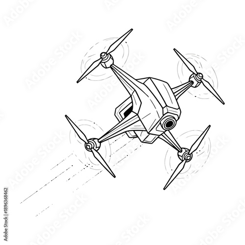 Drone flying with four rotating blades against a clear sky background illustrating advanced technology and innovation in aerial photography and videography