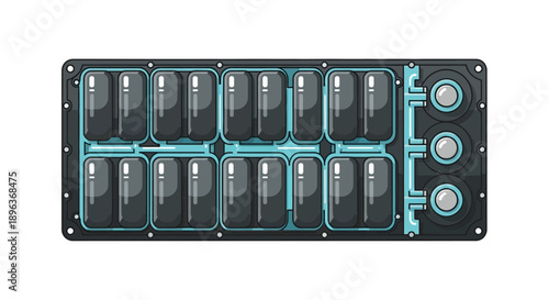 An overhead view of a futuristic, rectangular device with multiple compartments and circular components.