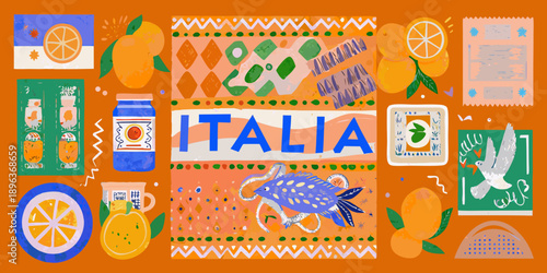 A vibrant collage displaying italian themed elements like citrus fruits and postcards