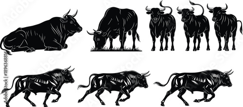 Powerful Bull Silhouette Collection, Charging Bull Vector Illustrations, Farm Animal Cattle Poses, Strong Buffalo Stance Graphics, Matador Spirit Wildlife Bundle