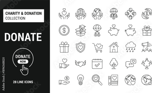 Charity donation icon set, nonprofit vector line art, fundraising and giving symbols, hands holding globe, piggy bank, gift box, volunteer network, donation toolkit