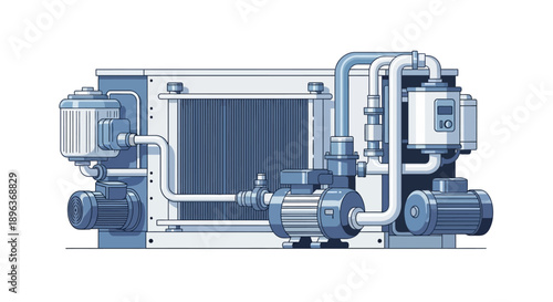 A detailed illustration of industrial machinery, showcasing pumps, pipes, and a rectangular component.