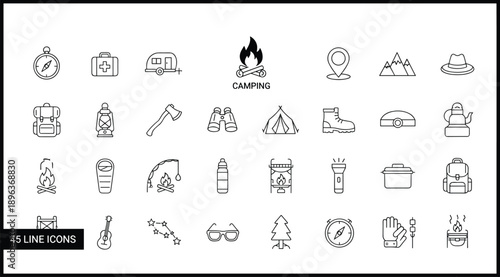 Camping icon set, outdoor adventure line icons, tent and backpack symbols, campfire, lantern, compass, binoculars, axe, sleeping bag, hiking boot, cookware, map, campsite essentials