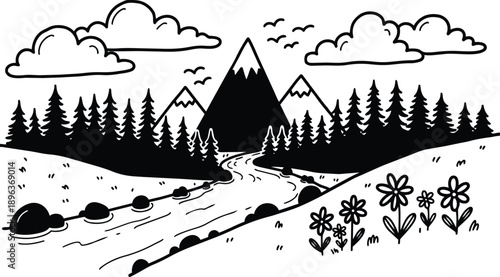 Line art panoramic mountain landscape with winding river and pine forest foreground wildflowers close up low angle black and white doodle style simple hand drawn