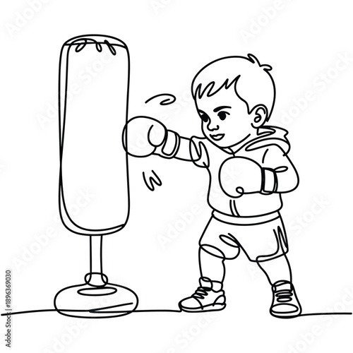 Cute cartoon child wearing boxing gloves and punching a freestanding heavy bag in a simple line art drawing style