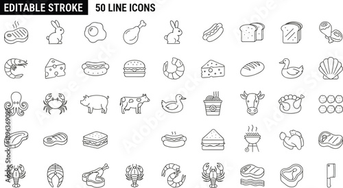 Food icon set, editable stroke line icons, meat seafood fast food symbols, burger hotdog steak chicken shrimp cheese bread grill collection