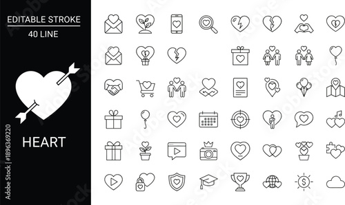 Heart icon set, editable stroke love symbols, line art romance and relationship icons, gifts, messages, health hearts, badges, balloons, map pins, social media reactions