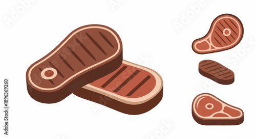 Grilled Beef Steaks Collection Isolated on White Background.