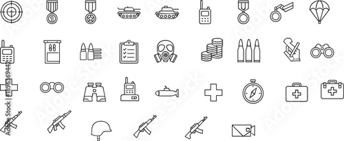 Military icons set, defense vector line art, war equipment symbols, tanks, radios, helmets, ammunition, binoculars, gas mask, compass, first aid kit, medals