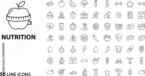 Nutrition icon set, healthy food vector, line art diet and wellness symbols, fruits vegetables icons, supplements herbs, meal planning graphics, minimalist icons