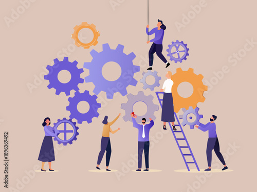 Teamwork and collaboration building complex systems with interconnected gears