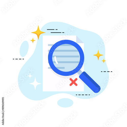 Search result failure empty state ui concept flat design vector magnifying glass reviewing rejected document