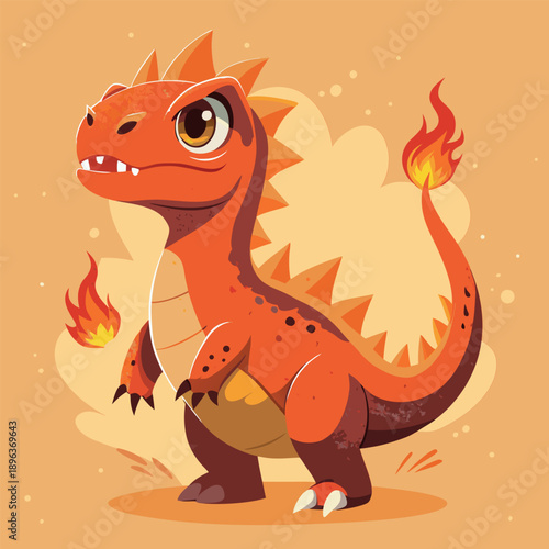 Cute Baby Fire Dragon Character with Flaming Tail Cartoon Illustration